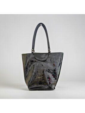 Capezio Black Croc Embossed Patent Tote Bag, Deep Structured Shoulder Bag Faux